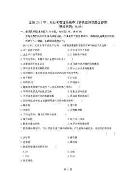 全国2011年1月自考管理系统中计算机应用试题含答案解析